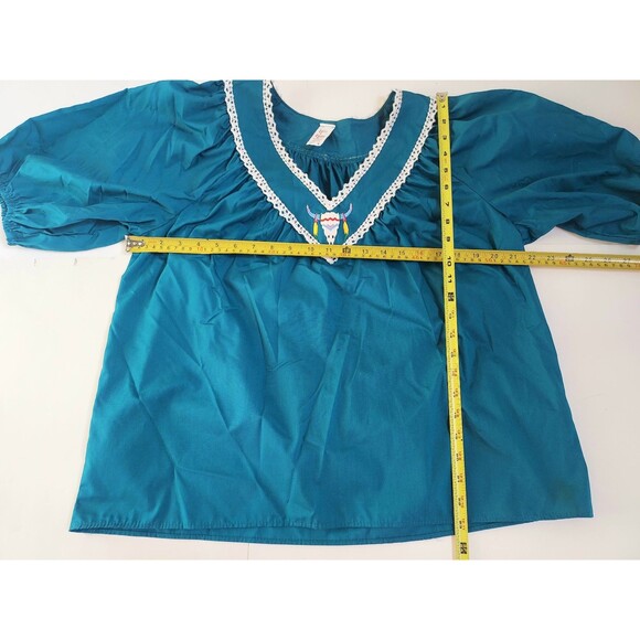 Vintage 70’s Ladies Malco Modes Teal Square Dance SS Top W/Puff Sleeves Size M - Picture 4 of 6